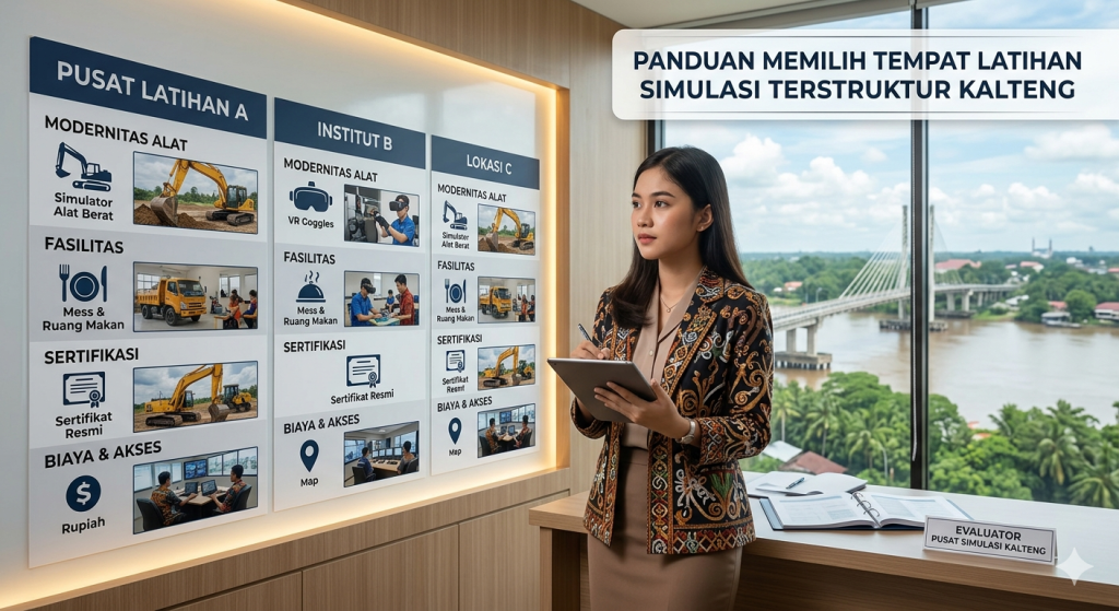 Infografis panduan memilih tempat latihan simulasi terstruktur Kalteng yang menampilkan perbandingan fasilitas, alat berat, dan sertifikasi dengan latar Jembatan Kahayan.