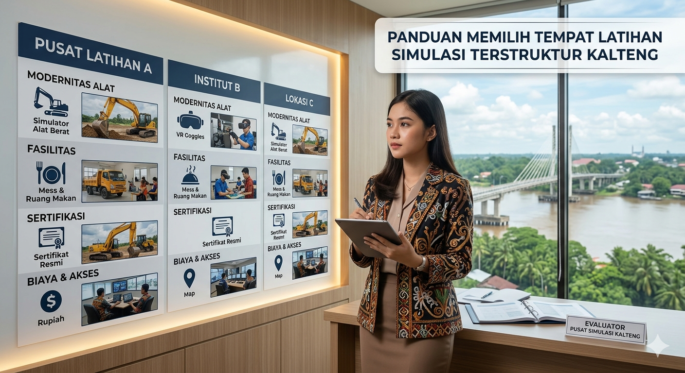 Infografis panduan memilih tempat latihan simulasi terstruktur Kalteng yang menampilkan perbandingan fasilitas, alat berat, dan sertifikasi dengan latar Jembatan Kahayan.