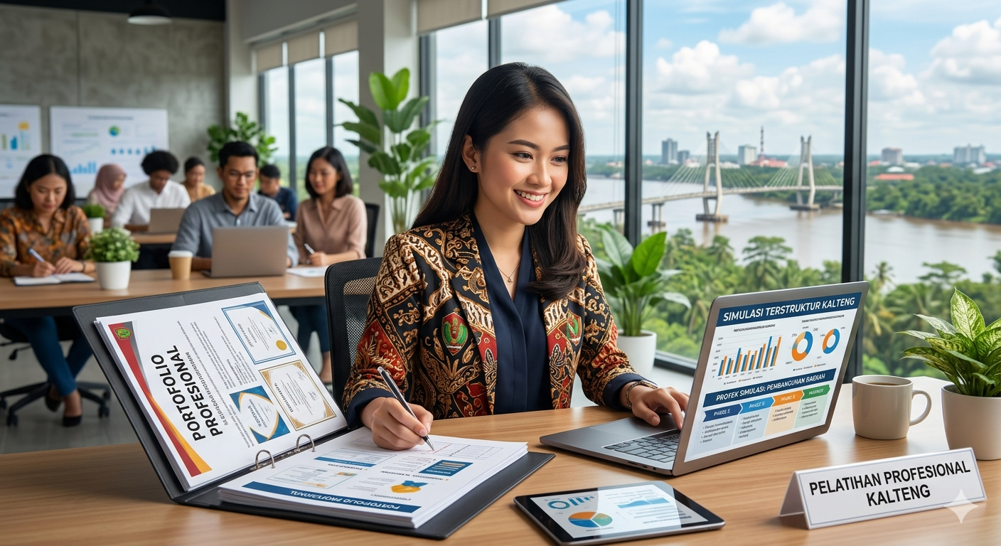 Wanita profesional sedang menyusun portofolio menggunakan laptop dengan latar belakang Jembatan Kahayan untuk program Simulasi Terstruktur Kalteng.