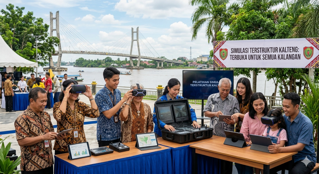 Foto warga lintas generasi di Kalimantan Tengah sedang mencoba teknologi VR dan tablet di sebuah acara luar ruangan dengan latar belakang Jembatan Kahayan yang ikonik.