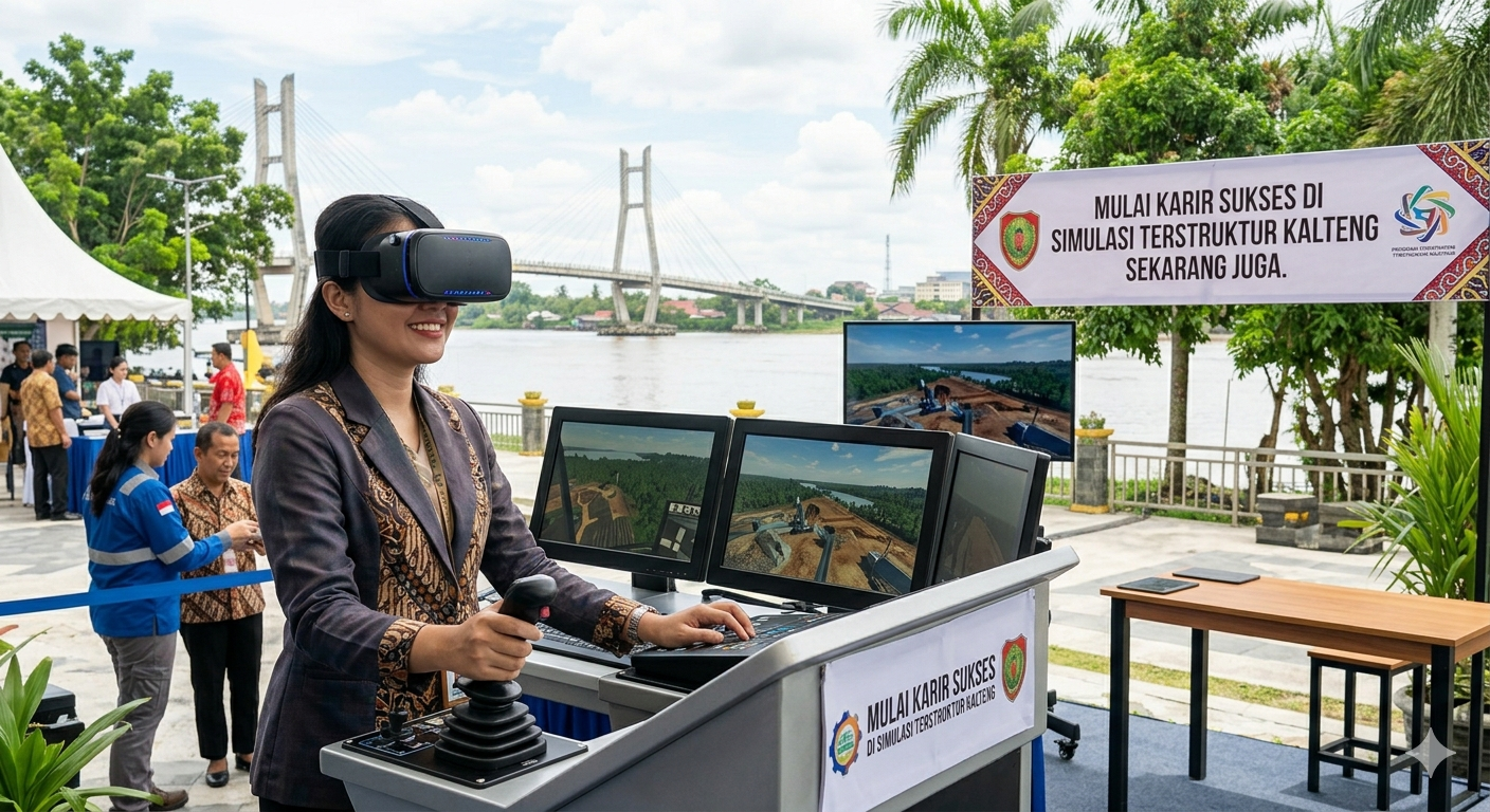 Seorang wanita mengenakan headset VR dan mengoperasikan simulator alat berat di acara "Simulasi Terstruktur Kalteng" dengan latar belakang Jembatan Kahayan.